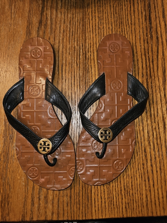 Tory Burch Shoes - Tory Burch Black Leather Logo Strap Sandals with Gold Medallions